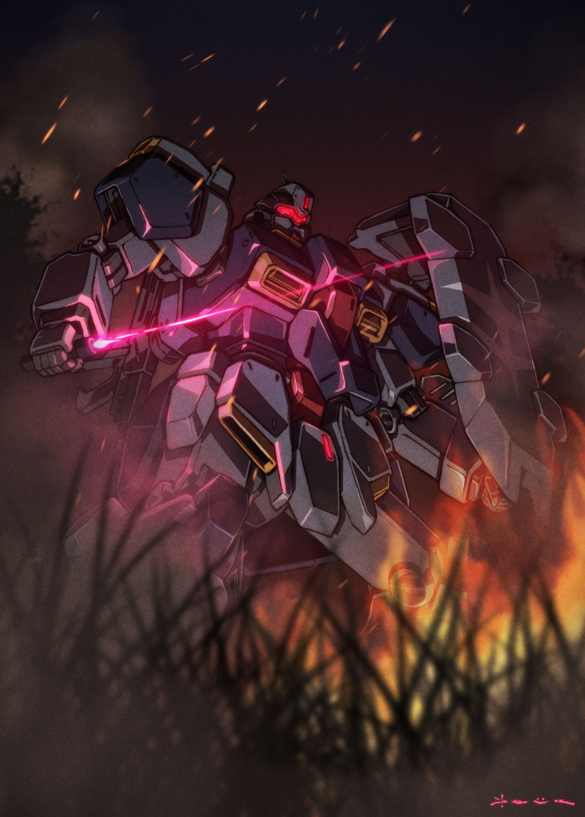 assault_visor beam_rifle beam_saber blurry clenched_hand daue depth_of_field earth_federation energy_gun fire grass gundam gundam_hathaway's_flash gustav_karl highres holding holding_sword holding_weapon looking_down mecha mobile_suit night no_humans outdoors robot science_fiction shield signature smoke solo standing sword weapon