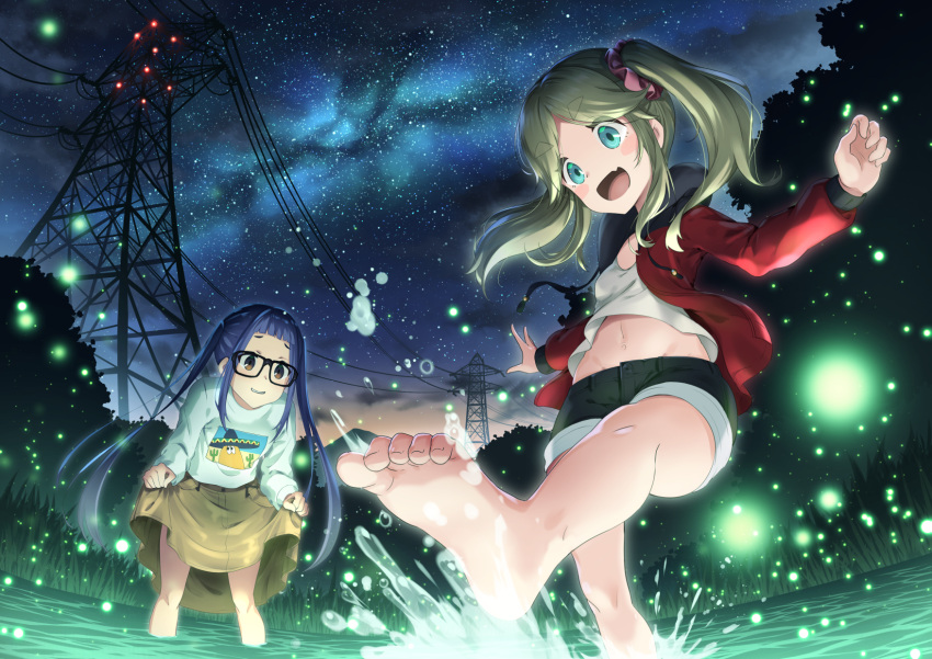 2girls :d aurora bangs barefoot black-framed_eyewear black_shorts blue_eyes blue_hair blunt_bangs blush blush_stickers brown_eyes closed_mouth commentary dusk fang feet fireflies glasses grass grin hair_ornament hair_scrunchie half_updo happy highres inuyama_akari jacket kicking kuromasu lake legs lifted_by_self long_hair long_sleeves looking_at_another looking_down mountainous_horizon multiple_girls navel night oogaki_chiaki open_mouth outstretched_arms parted_bangs red_jacket red_scrunchie scenery scrunchie shirt short_eyebrows shorts side_ponytail sidelocks skirt sky smile soaking_feet soles splashing star_(sky) starry_sky stomach thick_eyebrows thighs toenails toes transmission_tower twintails very_long_hair white_shirt yellow_skirt yurucamp