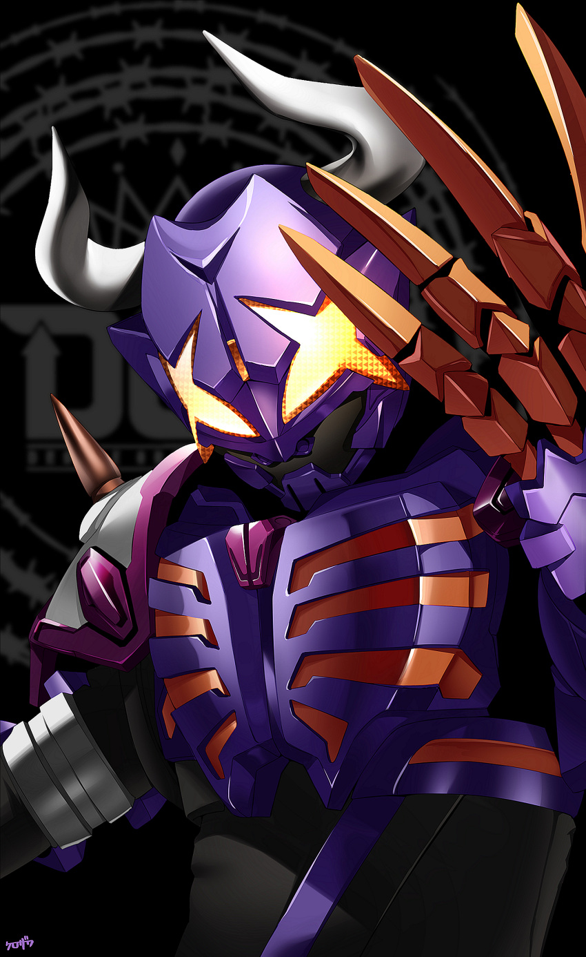 +_+ 1boy absurdres black_bodysuit bodysuit buffalo bull claw_(weapon) commentary_request cowboy_shot desire_driver gloves highres horns kamen_rider kamen_rider_buffa kamen_rider_geats_(series) kurozawa_yui logo long_hair looking_at_viewer male_focus purple_hair scarf shoulder_spikes spikes splatter upper_body weapon zombie