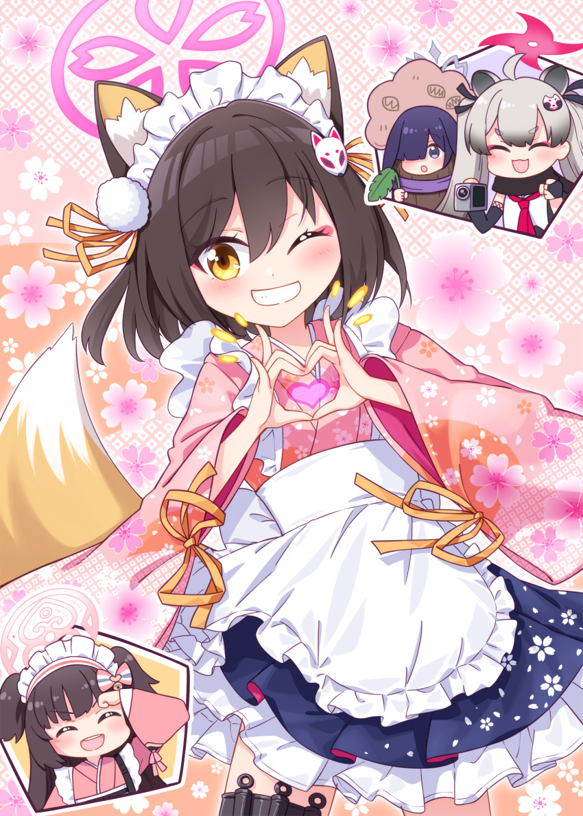 4girls :d ^_^ animal_ear_fluff animal_ears apron arm_up bangs black_hair blue_archive blue_skirt brown_eyes chibi closed_eyes commentary_request floral_print fox_ears fox_girl fox_tail frilled_apron frilled_skirt frills grey_hair grin hair_between_eyes hair_over_one_eye halo harada_(sansei_rain) heart heart_hands highres izuna_(blue_archive) japanese_clothes kimono kunai long_sleeves maid_headdress michiru_(blue_archive) multiple_girls notice_lines one_eye_closed pink_kimono pleated_skirt print_kimono raccoon_ears shirt shizuko_(blue_archive) skirt smile tail teeth tree_costume tsukuyo_(blue_archive) twintails two_side_up upper_teeth_only violet_eyes wa_maid weapon white_apron white_shirt wide_sleeves wiping_forehead