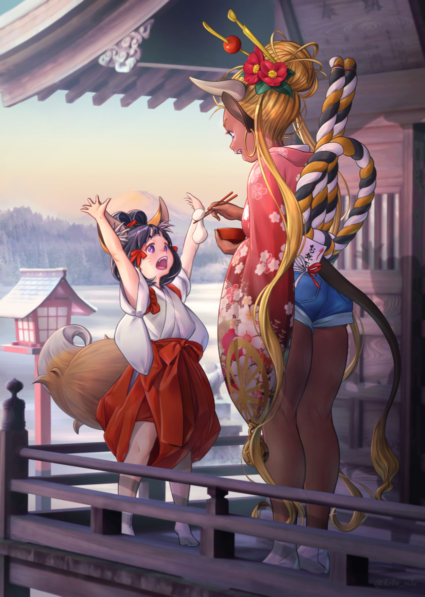 2021 2girls animal_ears arms_up black_hair blonde_hair chinese_zodiac clip_studio_paint_(medium) cow_ears cow_tail dark_skin denim denim_shorts feeding food fox_ears fox_girl fox_tail hair_bun highres horns japanese_clothes kobu_ride long_hair long_sleeves looking_at_another mochi multiple_girls nengajou new_year original outdoors shorts shrine sleeves_pushed_up standing tail very_long_hair violet_eyes whiskers wide_sleeves year_of_the_ox