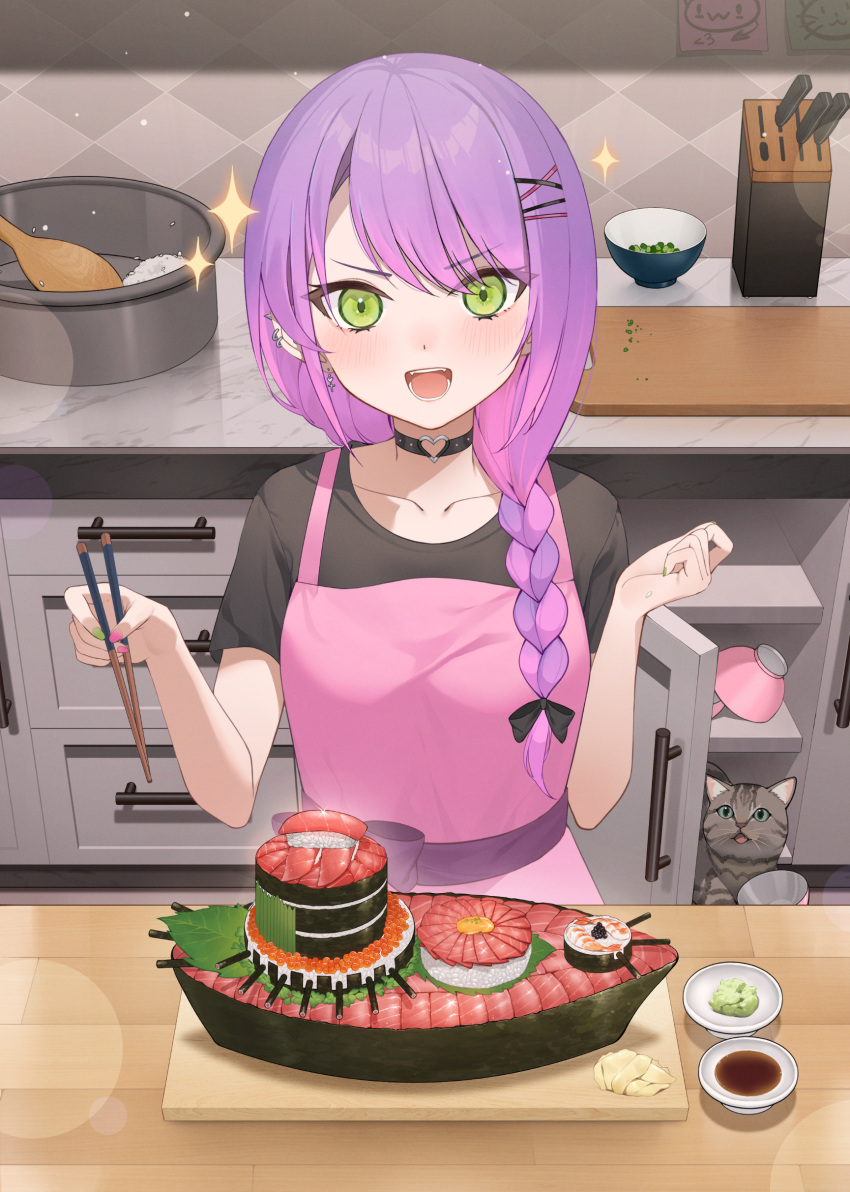 1girl :d absurdres animal apron bangs blush bowl braid breasts cat choker chopsticks cutting_board ear_piercing earrings food ginger_root green_eyes green_nails gunkanmaki hair_ornament hairclip highres holding holding_chopsticks hololive jewelry jmao long_hair looking_at_viewer multicolored_hair open_mouth piercing purple_hair purple_nails rice sashimi shamoji smile solo soy_sauce sushi tokoyami_towa two-tone_hair virtual_youtuber wasabi