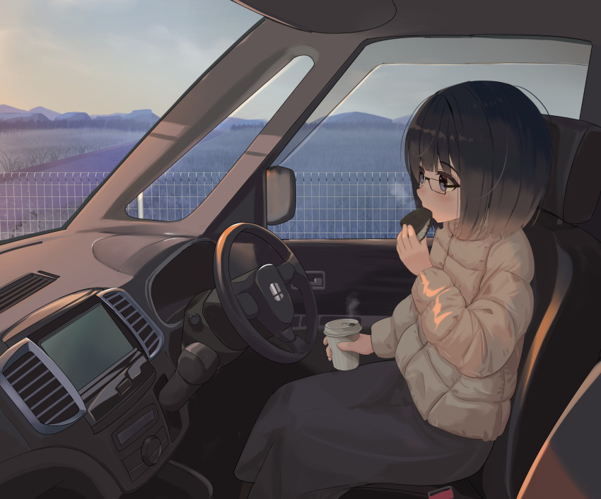 1girl bangs black-framed_eyewear black_hair black_skirt blue_eyes car_interior coffee_cup commentary_request cup day disposable_cup eating fence field food glasses grass highres holding holding_cup holding_food jacket long_sleeves mimikaki_(men_bow) mountain original sitting skirt solo steam white_jacket