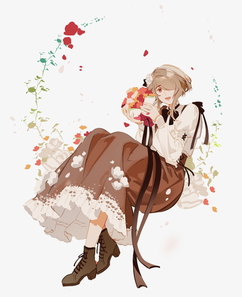 1girl absurdres bangs boots bouquet brown_footwear brown_hair brown_skirt commentary cross-laced_footwear english_commentary flower frilled_skirt frills grey_background hair_over_one_eye high_heel_boots high_heels highres holding holding_bouquet honkai_(series) honkai_impact_3rd lace-up_boots long_sleeves petals pleated_skirt puffy_long_sleeves puffy_sleeves red_eyes red_flower rita_rossweisse shirt simple_background skirt sleeves_past_wrists solo white_flower white_shirt yellow_flower ylceon