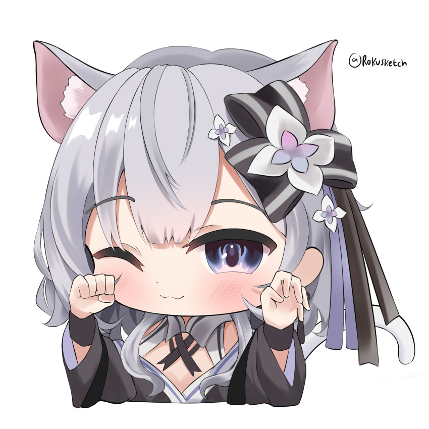 1girl animal_ear_fluff animal_ears bangs black_kimono cat_ears cat_girl cat_tail commentary cropped_torso english_commentary grey_hair highres hololive hololive_indonesia japanese_clothes kemonomimi_mode kimono looking_at_viewer medium_hair one_eye_closed paw_pose rokusketch simple_background solo tail vestia_zeta violet_eyes virtual_youtuber white_background