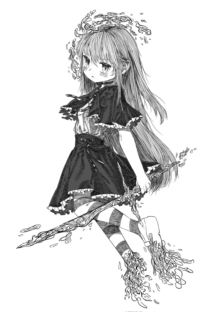 1girl blush capelet dissolving energy_sword floating foot_up frilled_capelet frilled_skirt frills from_side full_body hatching_(texture) highres holding holding_sword holding_weapon jitome kilsturgeon loafers long_hair looking_at_viewer looking_to_the_side open_mouth pantyhose shirt_tucked_in shoes short_sleeves simple_background skirt solo spectral_wizard spectral_wizard_(series) striped striped_pantyhose sword weapon