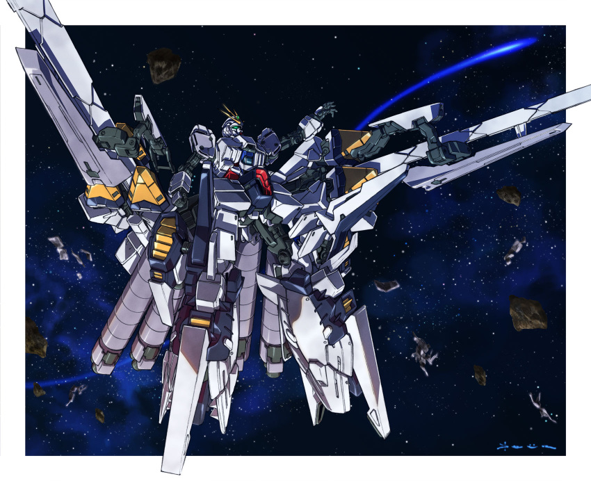 asteroid beam_cannon border daue green_eyes gundam gundam_narrative hand_up highres looking_up mecha mobile_suit narrative_gundam narrative_gundam_a-packs no_humans robot science_fiction signature solo space star_(sky) thrusters v-fin white_border