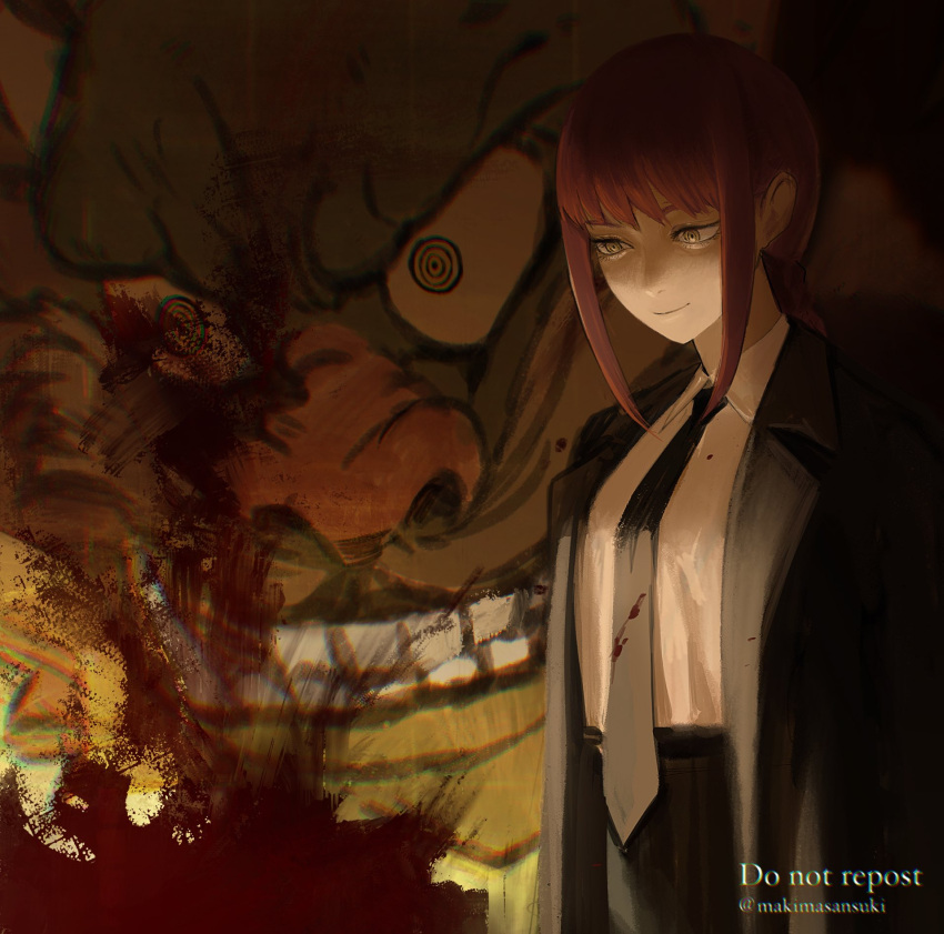 1girl bangs black_coat black_necktie black_pants blood blood_on_clothes blood_on_wall blood_splatter braid braided_ponytail chainsaw_man character_request coat collared_shirt formal graffiti highres kamo_(kamonegioisi) looking_down makima_(chainsaw_man) mural necktie pants parted_lips ringed_eyes shirt shirt_tucked_in sidelocks smile solo suit twitter_username white_shirt yellow_eyes