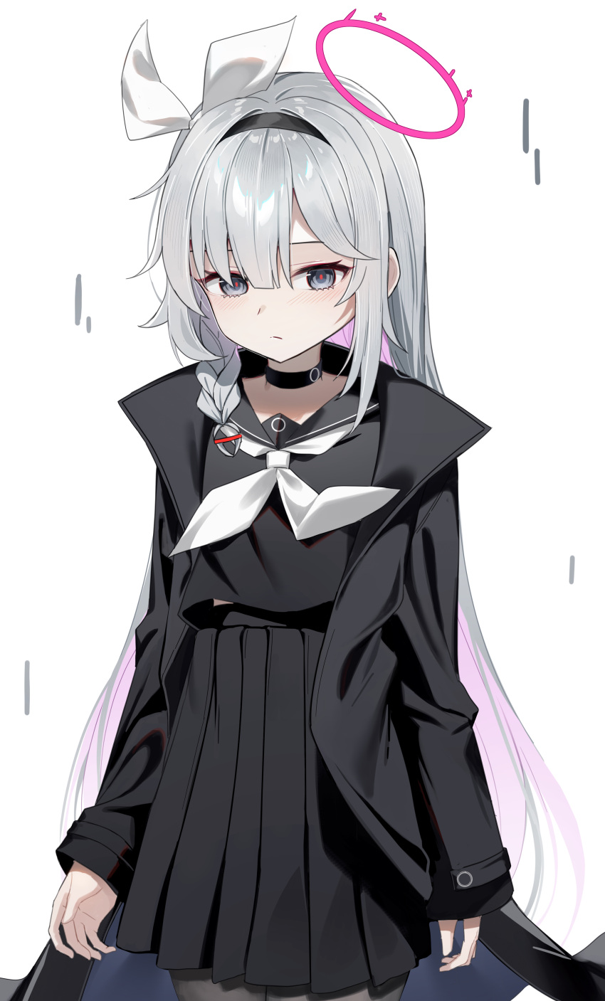 1girl a.r.o.n.a_(blue_archive) absurdres black_hairband black_jacket black_sailor_collar black_serafuku black_shirt black_skirt blue_archive blush braid closed_mouth grey_eyes grey_hair hair_over_one_eye hair_over_shoulder hair_ribbon hairband halo highres jacket long_hair long_sleeves looking_at_viewer multicolored_hair neckerchief open_clothes open_jacket pink_hair pleated_skirt ribbon sailor_collar school_uniform serafuku shirt simple_background single_braid skirt solo sugar_(dndi888) two-tone_hair very_long_hair white_background white_neckerchief white_ribbon