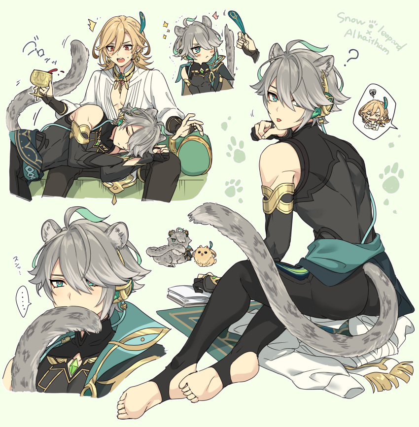... 2boys :&lt; ? ^^^ alcohol alhaitham_(genshin_impact) animal_ear_fluff animal_ears animalization bangs bare_shoulders black_gloves black_pants black_shirt blonde_hair blush book cape character_name closed_eyes closed_mouth commentary_request crossed_arms cup dog elbow_gloves feather_hair_ornament feathers feet fingerless_gloves genshin_impact gloves gold_trim green_background green_cape green_eyes green_hair green_sash grey_hair hair_between_eyes hair_ornament hair_over_one_eye hand_up highres holding holding_cup holding_feather kaveh_(genshin_impact) kokotendon lap_pillow leopard_boy leopard_ears leopard_tail long_hair long_sleeves looking_at_another looking_at_viewer looking_back lying male_focus multicolored_hair multiple_boys multiple_views on_side open_book open_mouth pants parted_bangs partially_fingerless_gloves paw_pose paw_print red_eyes sash shirt short_hair shoulder_cape sidelocks simple_background sitting sleeping sleeveless sleeveless_shirt snow_leopard speech_bubble spoken_ellipsis squiggle surprised sweatdrop swept_bangs tail tail_in_mouth tail_raised teeth toes tongue tongue_out translation_request trembling upper_body upper_teeth_only white_shirt
