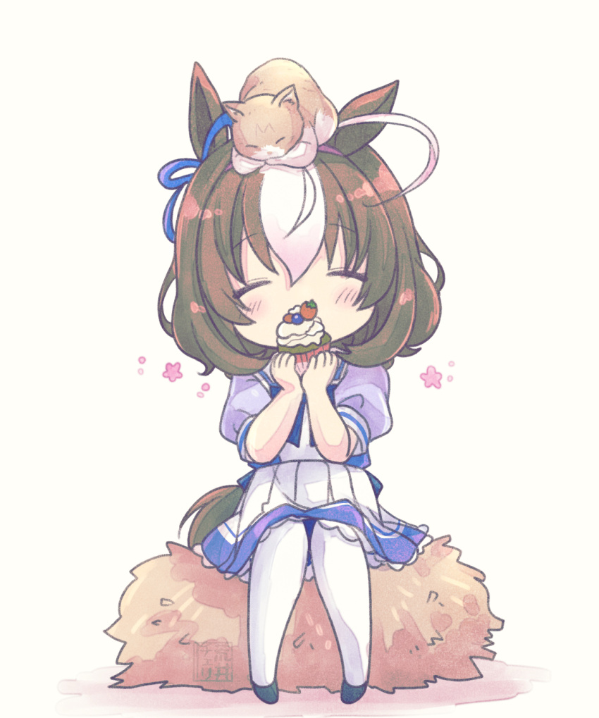 1girl ahoge animal_ears animal_on_head arai_cherry black_footwear blush brown_hair cat cat_on_head chibi closed_mouth covering_mouth cupcake food full_body hairband highres holding holding_food horse_ears horse_girl horse_tail meisho_doto_(umamusume) multicolored_hair on_head purple_shirt school_uniform seal_impression shirt short_sleeves sitting skirt solo tail thigh-highs tracen_school_uniform two-tone_hair umamusume watermark white_skirt white_thighhighs
