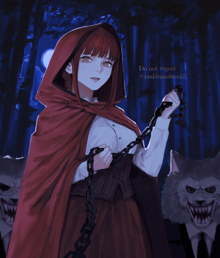 1girl 2others alternate_costume bangs black_jacket black_necktie braid braided_ponytail brown_skirt chain chainsaw_man cloak collared_shirt corset cosplay forest formal halloween highres holding holding_chain hood hooded_cloak jacket kamo_(kamonegioisi) little_red_riding_hood little_red_riding_hood_(grimm) little_red_riding_hood_(grimm)_(cosplay) looking_at_viewer makima_(chainsaw_man) medium_hair moon multiple_others nature necktie night open_mouth parted_lips red_cloak redhead ringed_eyes sharp_teeth shirt sidelocks skirt smile solo_focus suit suit_jacket teeth white_shirt wolf_mask yellow_eyes