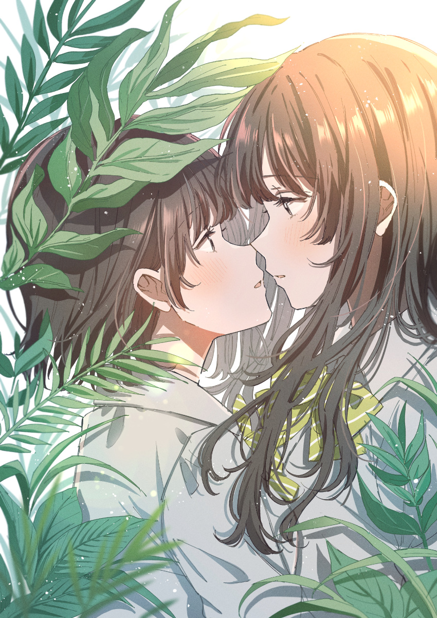 2girls absurdres bangs blush bow bowtie brown_hair collared_shirt commentary_request from_side green_bow green_bowtie highres imminent_kiss leaf long_hair multiple_girls original rococomm123 school_uniform shirt short_hair upper_body white_background yuri