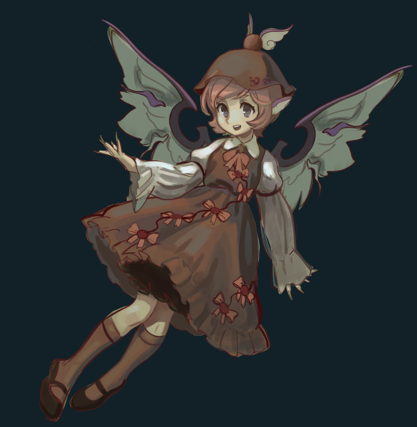 1girl absurdres animal_ears bird_ears bird_wings black_footwear brown_dress brown_headwear brown_socks commentary dress fingernails full_body green_background green_nails grey_eyes hat highres kneehighs long_fingernails long_sleeves mystia_lorelei nail_polish nezo open_mouth pink_hair revision sharp_fingernails shoes short_hair simple_background sketch sleeve_garter smile socks solo touhou white_wings winged_hat wings