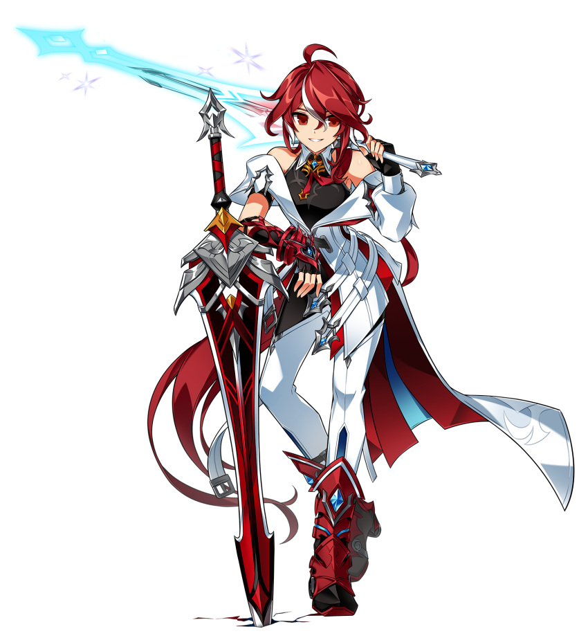 1girl black_shirt coat elesis_(elsword) elsword full_body highres holding holding_sword holding_weapon looking_at_viewer multicolored_hair official_art patrona_(elsword) ponytail red_eyes redhead shirt sleeveless sleeveless_shirt smile solo sword teeth transparent_background weapon white_coat white_hair