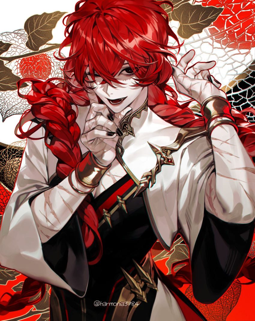 1boy absurdres amandasu black_eyes black_nails black_vest bracelet highres jewelry long_hair looking_at_viewer male_focus one_eye_closed open_mouth original pectoral_cleavage pectorals redhead scar shirt smile solo vest wavy_hair white_background white_shirt