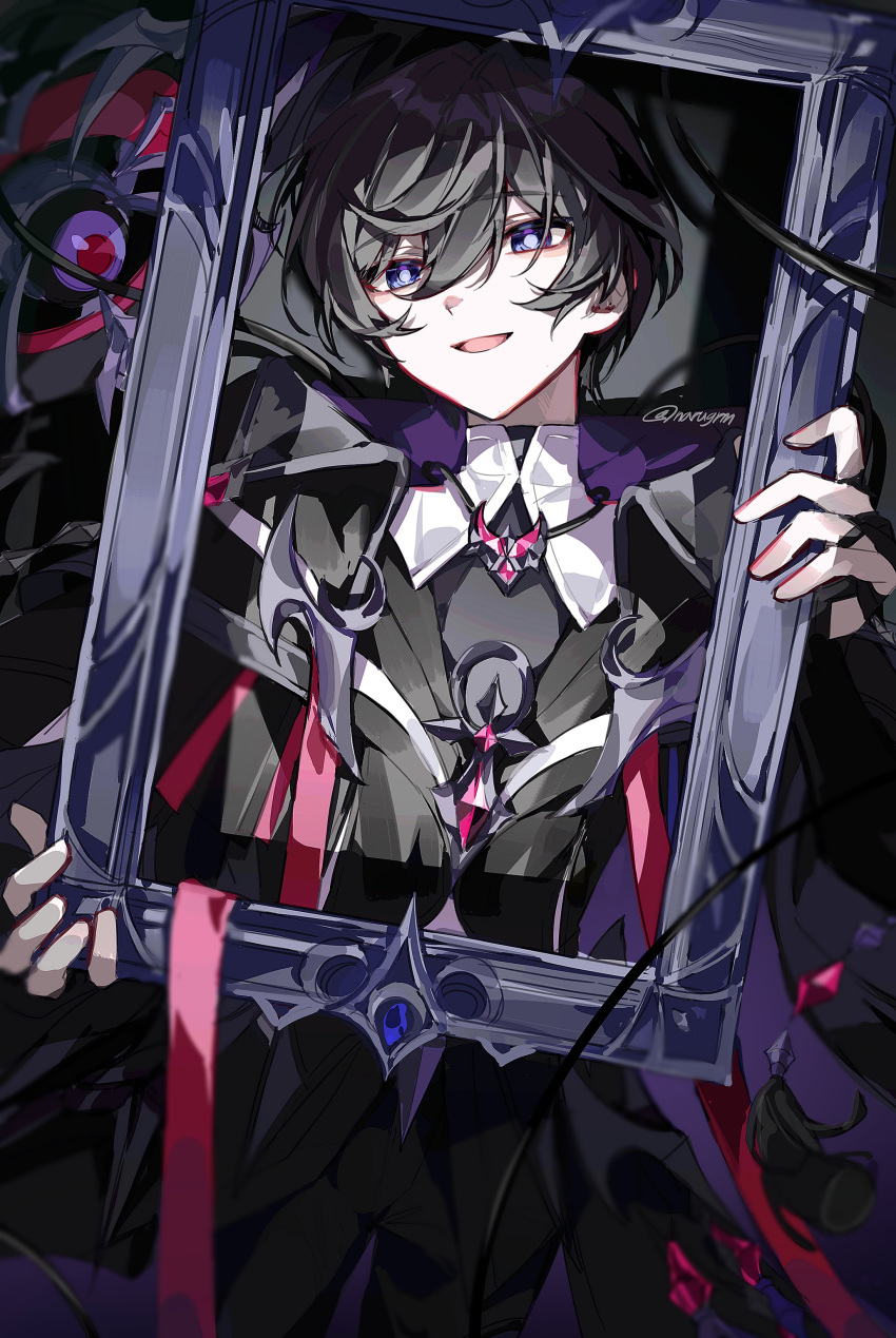 1boy absurdres black_background black_hair black_jacket blue_eyes elsword highres jacket long_sleeves looking_at_viewer male_focus morpheus_(elsword) narugrm noah_ebalon open_mouth picture_frame short_hair smirk solo