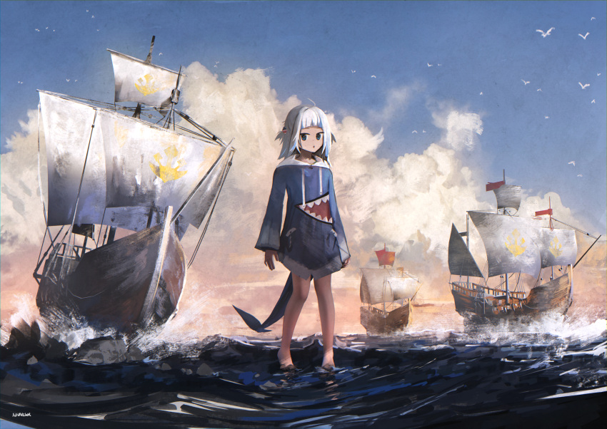 1girl :o advarcher artist_name bangs barefoot bird blue_eyes blue_hair blue_sky blunt_bangs boat clouds cloudy_sky fins fish_tail flag fleet full_body gawr_gura grey_hair hair_ornament highres hololive hololive_english horizon long_sleeves looking_at_viewer medium_hair multicolored_hair ocean outdoors sailboat shark_girl shark_hair_ornament shark_tail side_ponytail sky soaking_feet solo standing standing_on_liquid streaked_hair tail two_side_up virtual_youtuber watercraft wide_sleeves