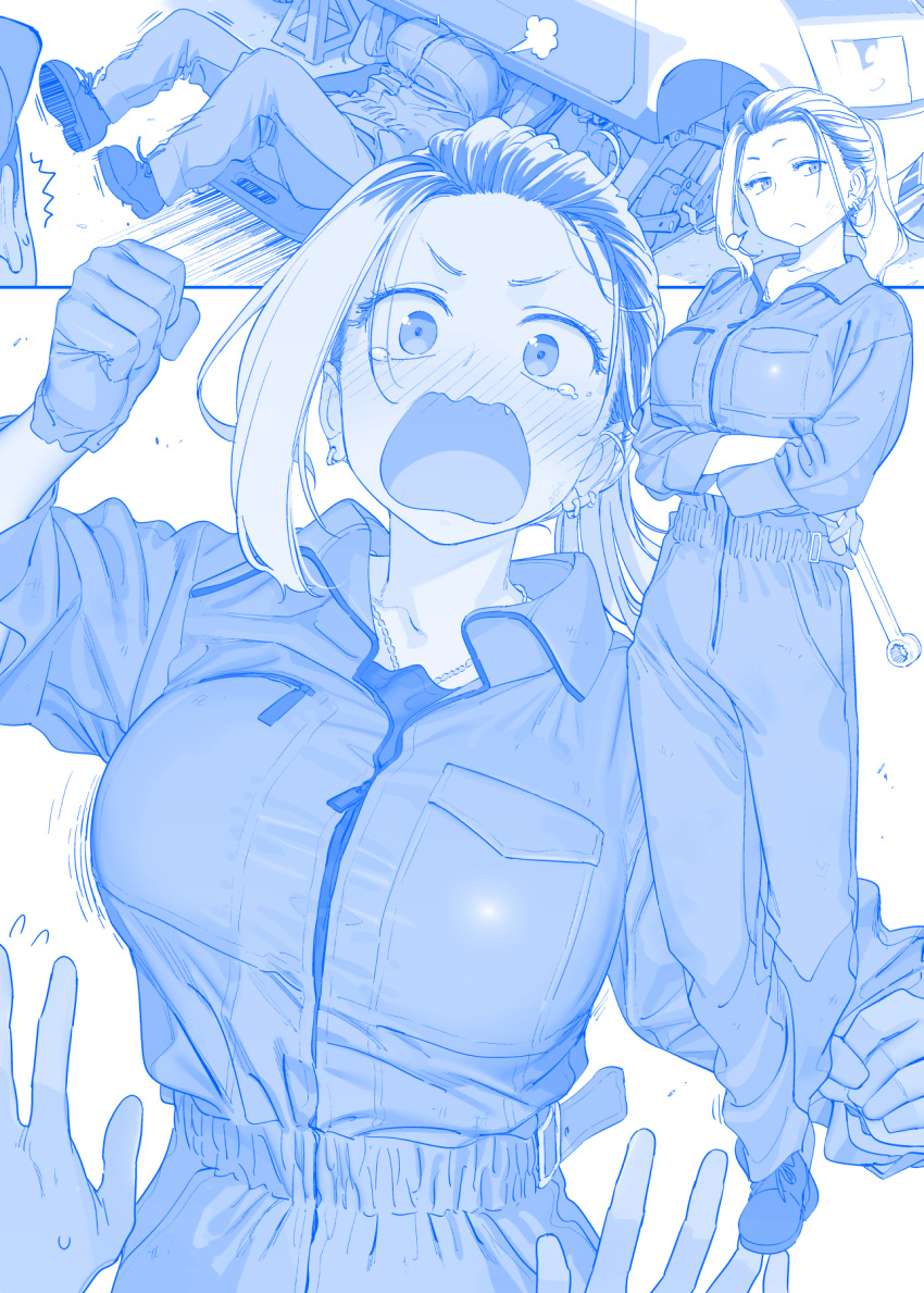 1boy 1girl blue_theme breasts car fang flying_sweatdrops forehead frown getsuyoubi_no_tawawa gloves hat highres himura_kiseki inconvenient_breasts jewelry large_breasts mechanic medium_hair motor_vehicle necklace open_mouth ponytail shoes sigh socket_wrench solo wavy_mouth