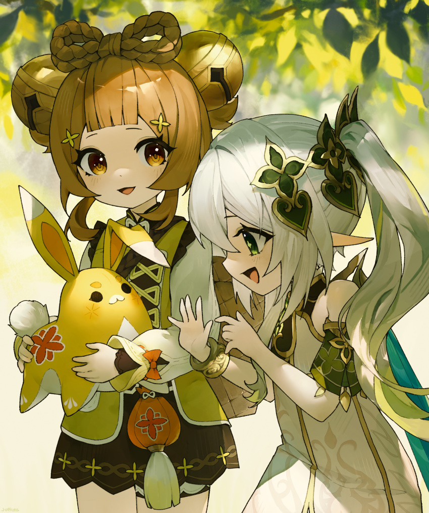 2girls :d absurdres bangs bell blunt_bangs blurry bow-shaped_hair bracelet braid brown_eyes brown_hair cape chinese_clothes commentary depth_of_field detached_sleeves doll_hug english_commentary genshin_impact gradient_hair green_eyes hair_bell hair_between_eyes hair_ornament highres jewelry jingle_bell juffles long_hair long_sleeves looking_at_another multicolored_hair multiple_girls nahida_(genshin_impact) object_hug pointy_ears short_sleeves side_ponytail sidelocks single_braid smile symbol-shaped_pupils two-tone_hair white_hair yaoyao_(genshin_impact) yuegui_(genshin_impact)