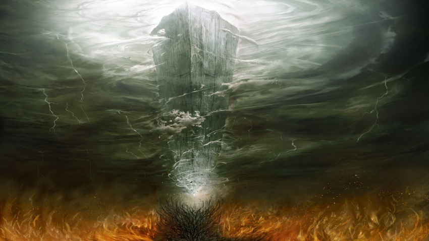 building clouds cloudy_sky commentary demon's_souls eldritch_abomination embers english_commentary fire flame floating highres landscape lightning menaslg monster no_humans sky storm storm_cloud the_nexus the_old_one thunder