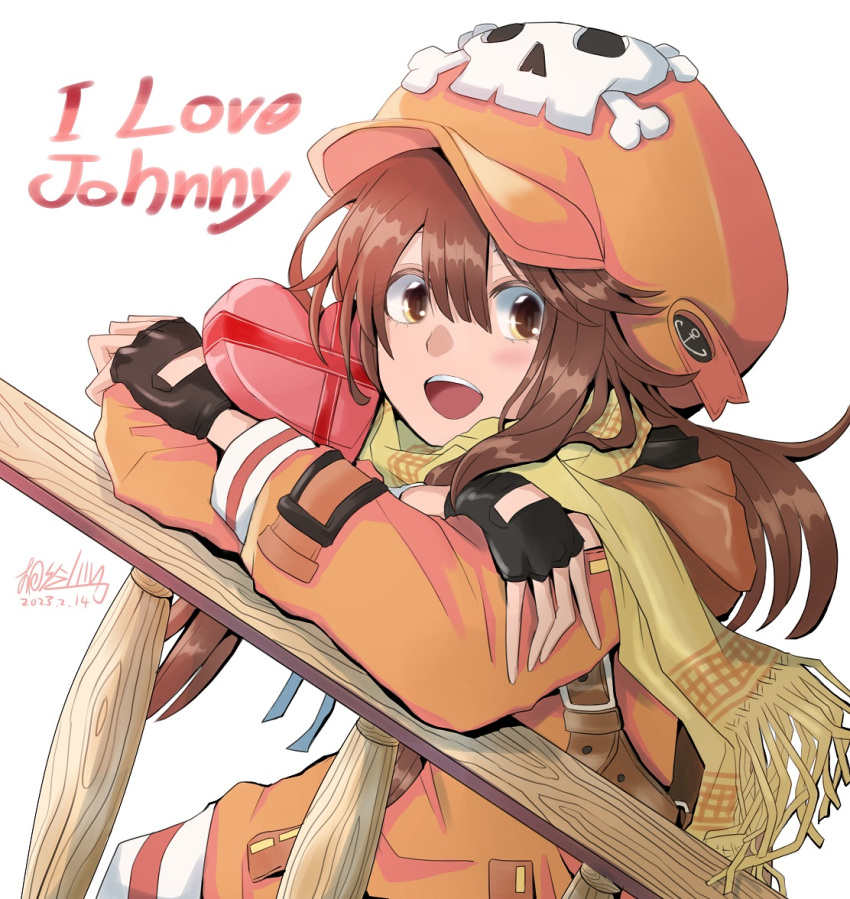 1girl black_gloves box box_of_chocolates brown_eyes brown_hair fingerless_gloves gift gloves guilty_gear guilty_gear_strive heart-shaped_box holding holding_gift hood hoodie long_hair looking_at_viewer mariebell may_(guilty_gear) open_mouth orange_headwear orange_hoodie orange_shirt scarf shirt skull_and_crossbones yellow_scarf