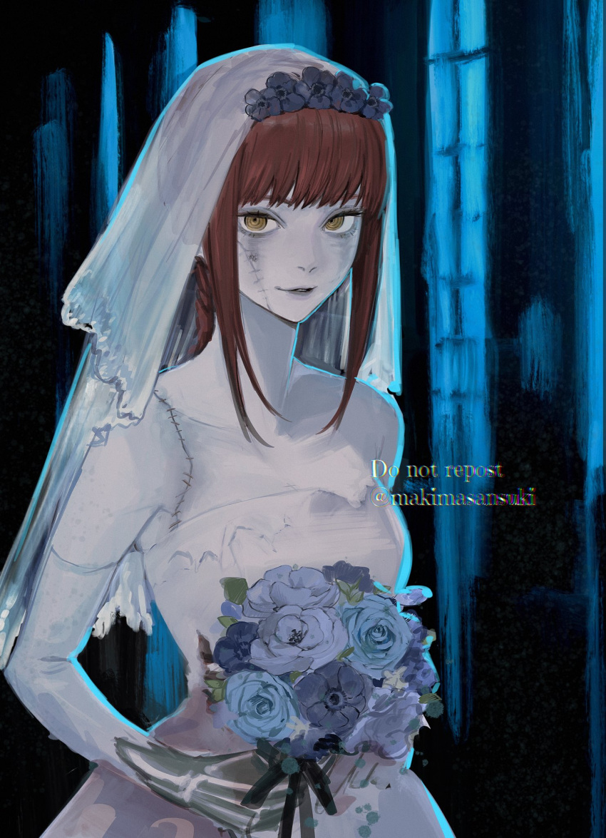 1girl alternate_costume bangs bouquet braid braided_ponytail bridal_veil chainsaw_man dress highres holding holding_bouquet kamo_(kamonegioisi) looking_at_viewer makima_(chainsaw_man) medium_hair pale_skin redhead ringed_eyes sidelocks skeletal_hand solo stitched_arm stitched_face stitches twitter_username veil wedding_dress white_dress yellow_eyes