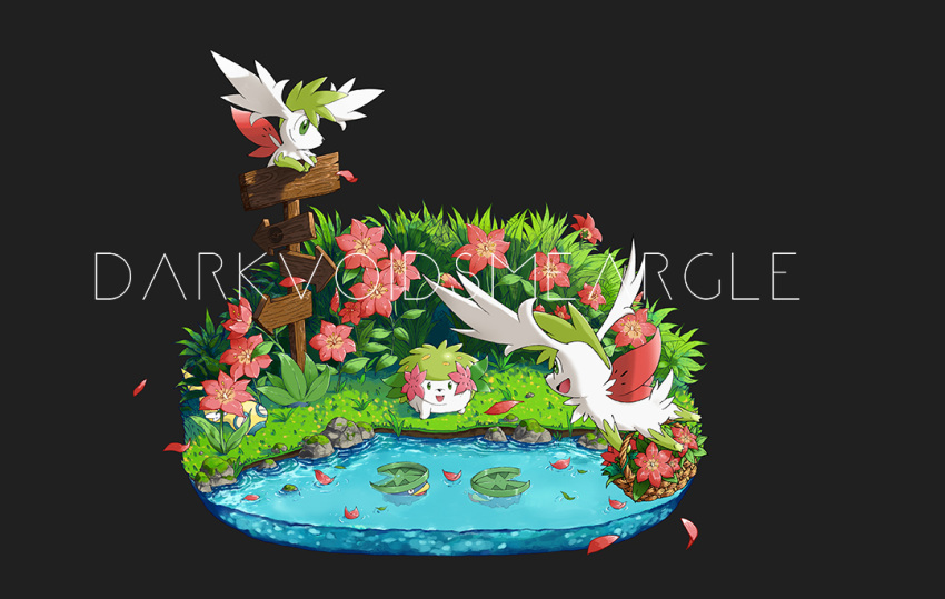 :d bush closed_mouth commentary darkvoiddoble dunsparce falling_petals flower grass green_eyes lotad moss no_humans open_mouth petals pink_flower pokemon pokemon_(creature) shaymin shaymin_(land) shaymin_(sky) smile water