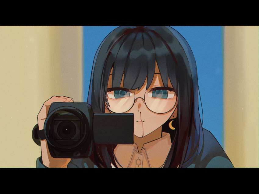 1girl bangs black_border black_hair blood blue_eyes blue_jacket blurry blurry_background border camcorder crescent crescent_earrings daijoyuu-san_(synthesizer_v) dress_shirt earrings glasses hand_up highres holding_camcorder jacket jewelry karee_(su_pukare_kirai) letterboxed long_sleeves looking_at_viewer medium_hair nosebleed parted_lips portrait round_eyewear semi-rimless_eyewear shirt solo swept_bangs synthesizer_v video_camera white_shirt