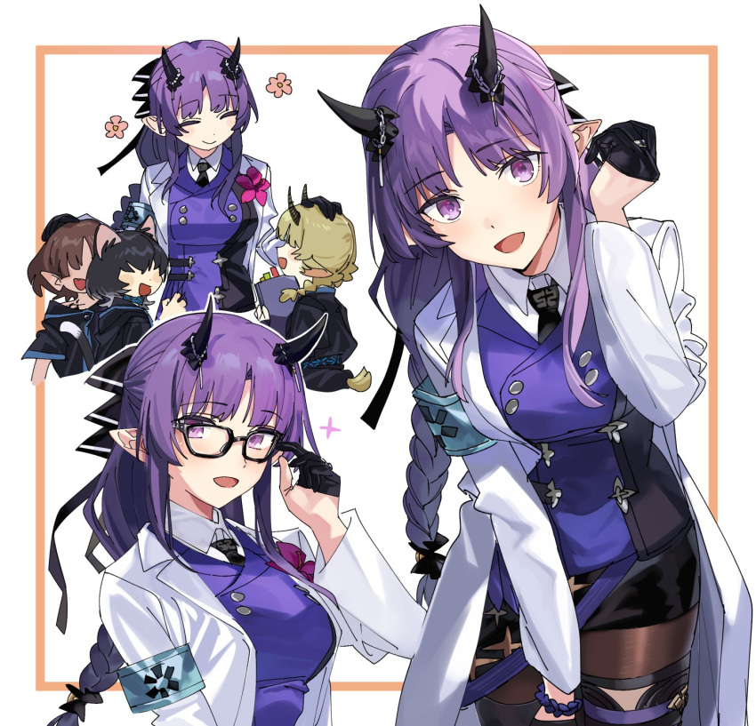 1girl 3others arknights bespectacled black-framed_eyewear black_gloves black_necktie braid coat commentary_request framed glasses gloves half_gloves hand_on_another's_head headpat hibiscus_(arknights) hibiscus_the_purifier_(arknights) highres horns labcoat long_hair multiple_others multiple_views necktie open_mouth partially_fingerless_gloves pointy_ears purple_hair scrunchie single_braid smile violet_eyes white_coat wrist_scrunchie yomosaka