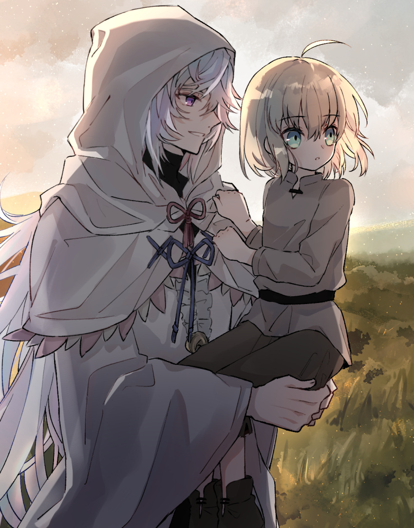 1boy 1girl :o aged_down ahoge artoria_pendragon_(fate) black_shirt brown_footwear brown_pants capelet carrying center_frills child_carry clouds fate/grand_order fate_(series) female_child frills from_side grass green_eyes grey_shirt hair_between_eyes highres hood hood_up hooded_capelet long_hair looking_ahead looking_to_the_side medium_hair merlin_(fate) nayu_tundora pants parted_lips profile robe shirt shoes smile turtleneck upper_body violet_eyes white_capelet white_hair white_robe wide_sleeves