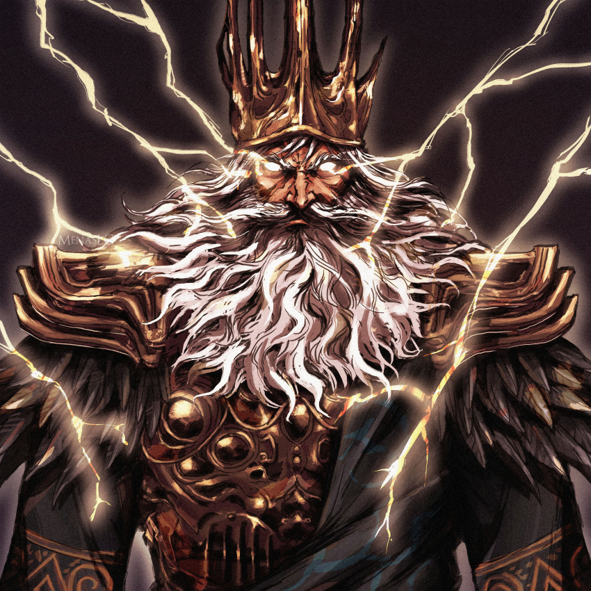 1boy absurdres armor artist_name beard commentary crown dark_souls_(series) dark_souls_i english_commentary facial_hair gold_armor gwyn_lord_of_sunlight hair_between_eyes highres lightning long_beard long_hair looking_at_viewer menaslg solo tall_crown weapon white_eyes white_hair