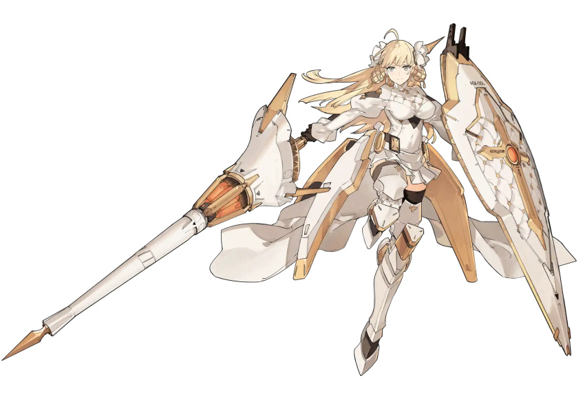 1girl ahoge armored_legwear artery_gear artery_gear:_fusion artist_request blonde_hair breasts brown_eyes dress earrings flower hair_flower hair_ornament highres holding holding_polearm holding_shield holding_weapon huge_weapon isabelle_(artery_gear) jewelry long_hair long_sleeves medium_breasts official_art pleated_skirt polearm shield skirt third-party_source transparent_background weapon white_dress