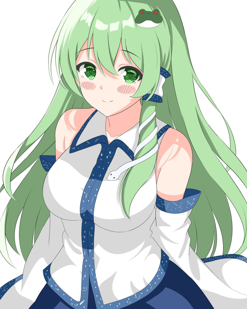 bangs breasts closed_mouth collared_shirt commentary_request green_eyes green_hair hair_ornament hair_tubes highres kochiya_sanae large_breasts long_hair looking_at_viewer setsugetsuka436 shirt simple_background smile snake_hair_ornament touhou upper_body white_background white_shirt wide_sleeves