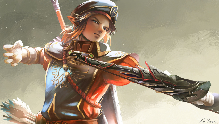 blue_eyes bow_(weapon) earrings gloves hat highres jewelry la-sera leather leather_gloves light_brown_hair link official_alternate_costume pointy_ears ponytail rope royal_guard_set_(zelda) short_hair short_ponytail sidelocks sword sword_on_back the_legend_of_zelda the_legend_of_zelda:_breath_of_the_wild weapon weapon_on_back