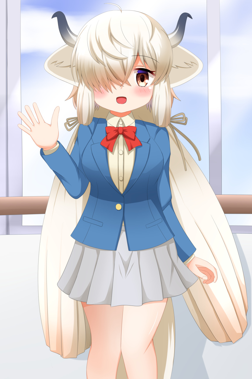 1girl :d absurdres animal_ear_fluff animal_ears bangs blazer blue_jacket blue_sky blush bow breasts brown_eyes brown_shirt clouds collared_shirt commentary_request day dress_shirt feet_out_of_frame grey_skirt hair_over_one_eye hand_up highres horns indoors jacket kemono_friends long_hair long_sleeves looking_at_viewer low_twintails medium_breasts ox_ears ox_girl ox_horns pleated_skirt red_bow school_uniform shin01571 shirt skirt sky smile solo twintails very_long_hair white_hair window yak_(kemono_friends)