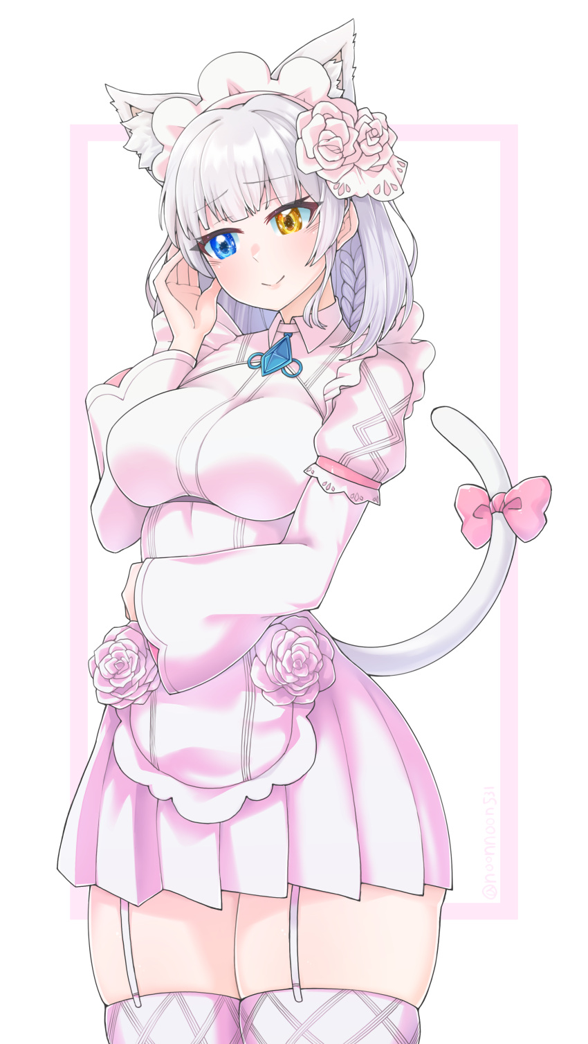 1girl absurdres adjusting_hair animal_ears apron blue_eyes bow braid breasts cat_ears cat_girl cat_tail commission dress flower garter_straps grey_hair heterochromia highres last_origin maid_headdress medium_breasts medium_hair noonnoon531 perrault_(last_origin) pink_dress pixiv_commission rose smile solo tail tail_bow tail_ornament thigh-highs white_flower white_rose yellow_eyes zettai_ryouiki