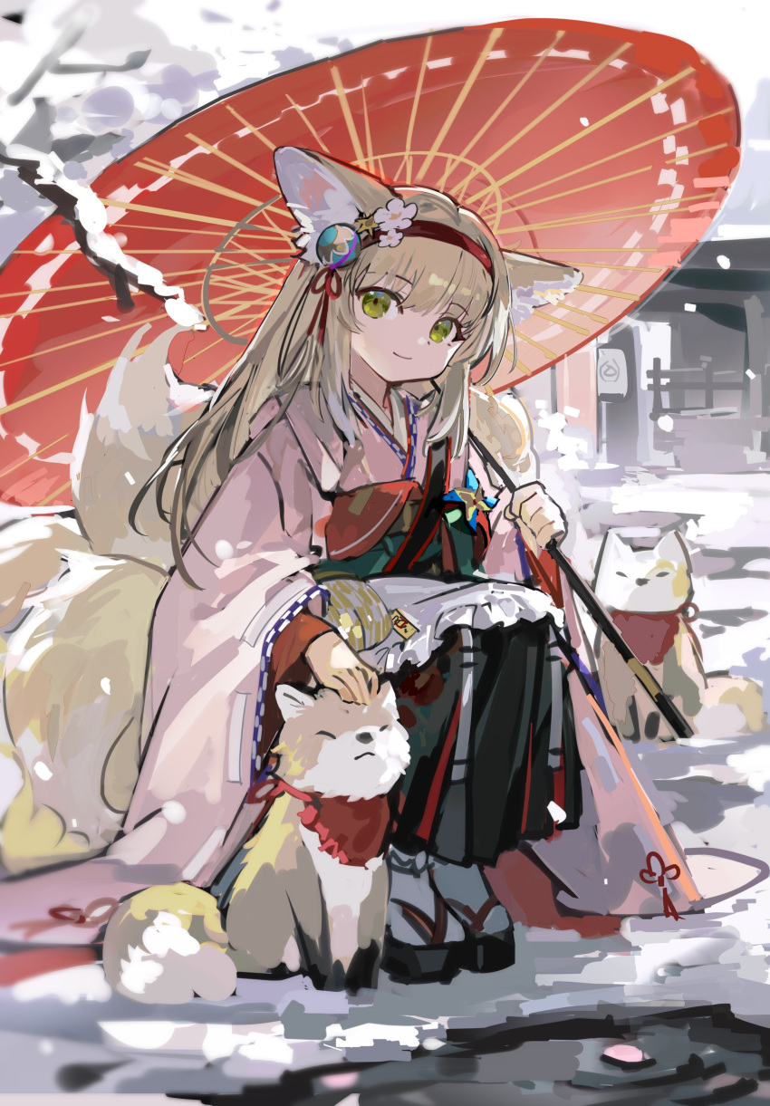 1girl absurdres animal animal_ears arknights flower fox fox_ears fox_girl fox_tail hair_down hair_flower hair_ornament hairband highres holding holding_umbrella japanese_clothes kimono kitsune long_hair looking_at_viewer mento multiple_tails outdoors petting snow solo squatting suzuran_(yukibare)_(arknights) tail umbrella winter