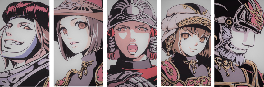 2girls 3boys armor beard brown_eyes brown_hair closed_mouth elf elvaan facial_hair fang final_fantasy final_fantasy_xi gadalar galka gold_trim grey_hair grey_headwear grin helmet hume mihli_aliapoh mithra_(ff11) multiple_boys multiple_girls najelith open_mouth orange_eyes pointy_ears red_armor red_headwear rughadjeen_(ff11) sakutsuki short_hair smile teeth turban turtleneck upper_body upper_teeth_only yellow_eyes zazarg_(ff11)