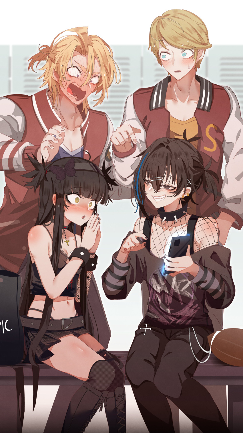 1girl 3boys absurdres bangs black_hair blonde_hair blue_eyes blush brown_hair cellphone character_request collar collarbone english_text fishnet_fabric hairband highres jacket long_hair merryweather multicolored_hair multiple_boys open_mouth ophelia_(merryweather) original pants phone shirt short_hair smartphone smile spiked_collar spikes streaked_hair tyler_(merryweather) yellow_eyes