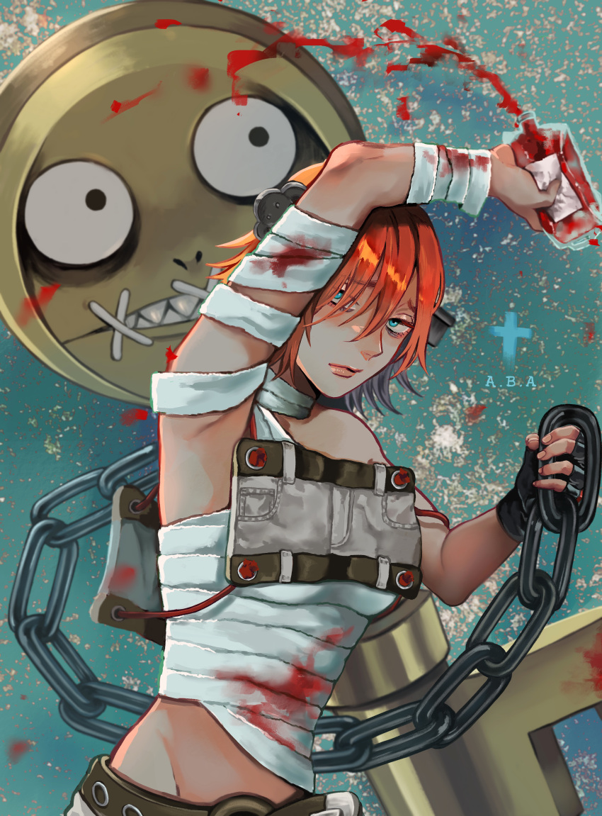 a.b.a absurdres bandages blood blood_on_clothes blue_eyes chain guilty_gear guilty_gear_xx highres homunculus key key_in_head looking_at_viewer object_through_head orange_hair paracelsus short_hair stitched_mouth stitches