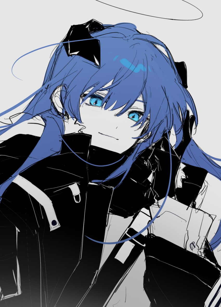 1girl arknights bangs blue_eyes blue_hair closed_mouth commentary_request gloves grey_background guozhihanliangweida_10 hair_between_eyes halo highres horns jacket long_hair long_sleeves looking_at_viewer monochrome mostima_(arknights) open_clothes open_jacket scarf shirt simple_background sketch smile solo