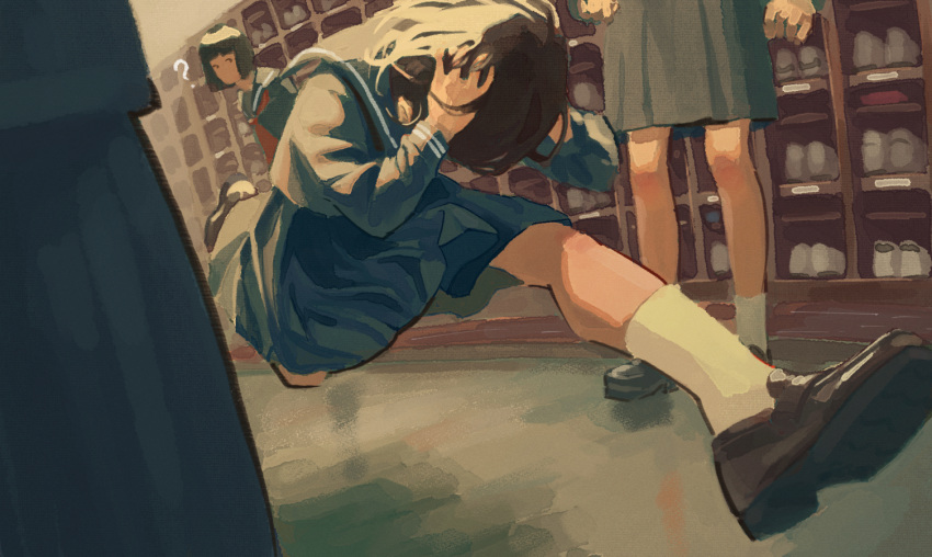 4girls ? black_hair blue_sailor_collar blue_serafuku blue_skirt bob_cut brown_hair covered_face english_commentary facing_down feet_up floating_hair full_body hands_on_own_head hands_up loafers long_sleeves looking_at_another midair multiple_girls no_mouth original others_(gogo-o) pleated_skirt running sailor_collar school_uniform serafuku shelf shoe_locker shoes short_hair skirt socks solo_focus standing white_socks