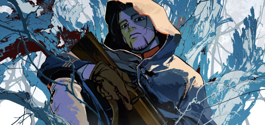 1boy arisaka arm_on_knee arm_rest black_eyes black_hair blue_jacket bolt_action branch brown_gloves cloak empty_eyes expressionless facial_hair film_grain frown gaiters gkyoyo00 gloves golden_kamuy gun hair_slicked_back hair_strand head_back head_tilt high_collar highres holding holding_gun holding_weapon hood hood_up hooded_cloak imperial_japanese_army in_tree jacket knee_up long_sleeves looking_at_viewer male_focus military military_jacket military_uniform ogata_hyakunosuke outdoors rifle scar scar_on_cheek scar_on_face short_hair sitting sitting_in_tree solo stubble tree trigger_discipline uniform weapon white_sky