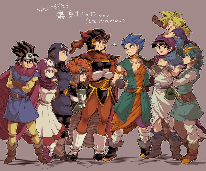 1girl 6+boys arm_up armlet armor belt belt_buckle black_eyes black_hair blonde_hair blue_cape blue_eyes blue_hair blue_tunic boots bracelet brown_footwear brown_gloves brown_hair buckle cape carrying circlet closed_mouth collarbone commentary_request crossed_arms curly_hair dragon_quest dragon_quest_i dragon_quest_ii dragon_quest_iii dragon_quest_iv dragon_quest_v dragon_quest_vi dress earrings fake_horns father_and_son full_body gloves goggles goggles_on_head goggles_on_headwear green_hair green_tunic grin headpiece helmet hero's_son_(dq5) hero_(dq1) hero_(dq3) hero_(dq4) hero_(dq5) hero_(dq6) highres hood horned_helmet horns jewelry long_hair long_sleeves low_ponytail male_child multiple_boys neck neck_ring orange_hair orange_pants orange_shirt pants pectorals piyoko_saito prince_of_lorasia prince_of_samantoria princess_of_moonbrook purple_cape purple_headwear red_eyes robe shirt short_hair shoulder_armor shoulder_carry simple_background smile spiky_hair standing torn_clothes translation_request turban white_gloves white_pants white_shirt yellow_pants yellow_shirt