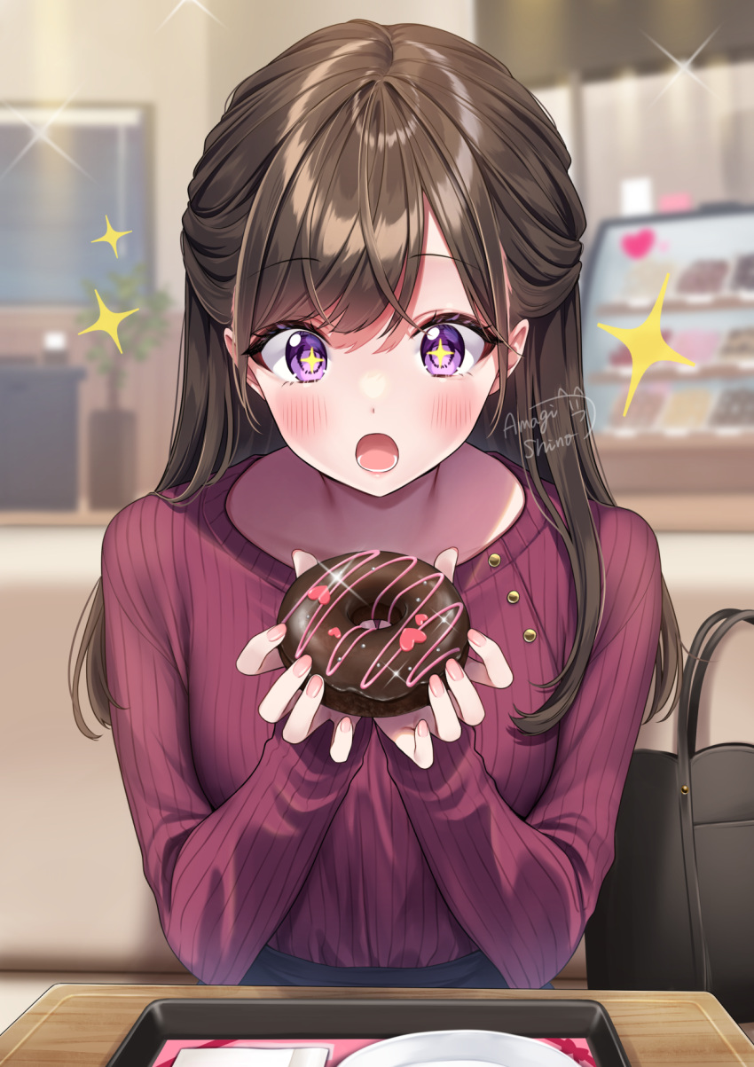 1girl :o amagi_shino artist_name bag bangs blurry blurry_background blush brown_hair casual commentary_request dot_nose doughnut eating excited eyelashes food handbag happy highres holding holding_food indoors long_hair long_sleeves lower_teeth_only open_mouth original parted_bangs pink_nails plant plate potted_plant receptionist_girl_(amagi_shino) red_sleeves signature sitting solo sparkle sparkling_eyes table teeth tray upper_body violet_eyes wooden_table