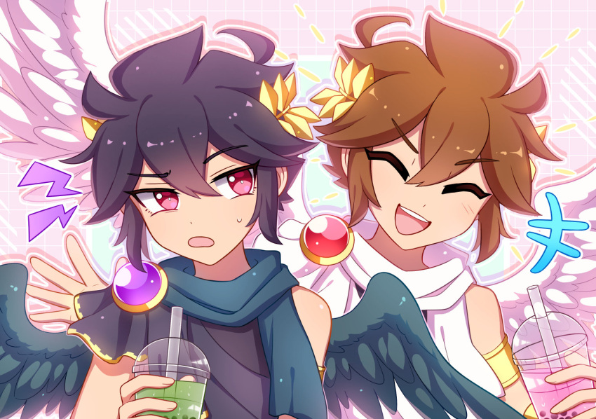 2boys angel angel_wings black_hair black_wings brown_hair bubble_tea closed_eyes cup dark_pit disposable_cup drinking_straw enni feathered_wings kid_icarus kid_icarus_uprising laurel_crown looking_at_another male_focus multiple_boys notice_lines open_mouth pit_(kid_icarus) siblings smile sweat twins upper_body white_wings wings