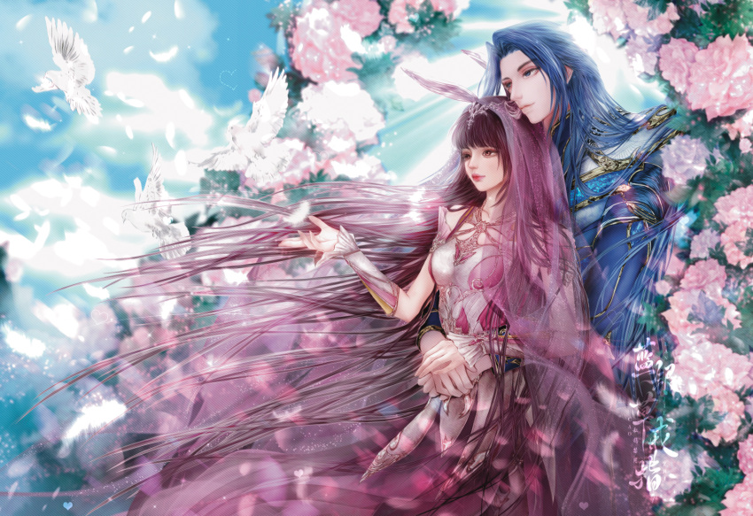 1boy 1girl animal_ears artist_request blue_sky blue_suit breasts bridal_veil brown_hair closed_mouth clouds couple douluo_dalu dress falling_feathers flying formal hair_ornament highres hug long_hair medium_breasts pink_dress rabbit_ears second-party_source sky suit tang_san upper_body veil white_dove xiao_wu_(douluo_dalu)