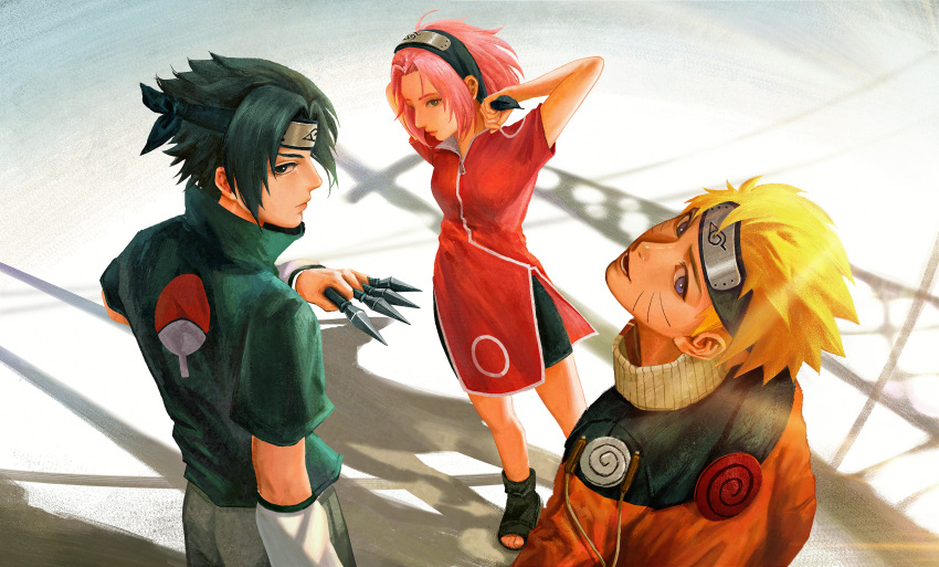 1girl 2boys absurdres black_eyes black_hair blonde_hair blue_eyes detached_sleeves forehead_protector green_eyes haruno_sakura highres holding holding_weapon koha_(xxkohaku) konohagakure_symbol kunai looking_at_viewer medium_hair multiple_boys naruto naruto_(series) pink_hair short_hair standing uchiha_sasuke uzumaki_naruto weapon