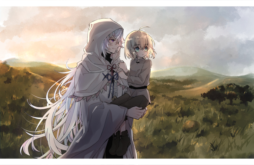 1boy 1girl :o aged_down ahoge artoria_pendragon_(fate) black_shirt border brown_footwear brown_pants capelet carrying center_frills child_carry clouds cowboy_shot fate/grand_order fate_(series) female_child frills from_side grass green_eyes grey_shirt hair_between_eyes highres hood hood_up hooded_capelet letterboxed long_hair looking_ahead looking_to_the_side medium_hair merlin_(fate) mountain nayu_tundora pants parted_lips profile robe shirt shoes smile tree turtleneck violet_eyes white_border white_capelet white_hair white_robe wide_sleeves